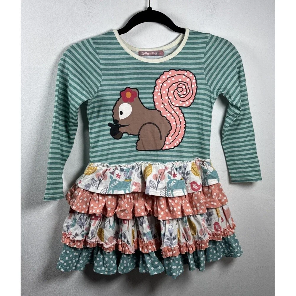 Jelly The Pug Size 6 Woodland Squirrel Knit Dress Ruffle Cottagecore 100% cotton